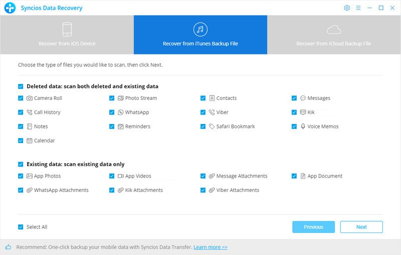 select items restore from iTunes backup